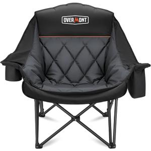 Overmont Oversized XL Camping Chair for Adults - 450lbs Support Heavy-Duty Padded Folding Chair with Side Pocket Cup Holder Cooling Bag for Outdoor Sports Garden Beach Fishing Lawn Black