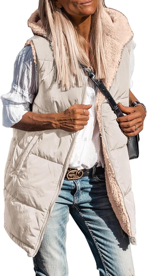 PRETTYGARDEN Womens 2025 Fall Reversible Vests Sleeveless Fleece Jacket Zip Up Hoodie Pockets Long Warm Winter Coat Outerwear (X-Large, Light Khaki)