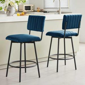 Swivel Counter Height Barstool with Back, Upholstered 26'' Counter Stool with Metal Frame, Channel Seat Back, Set of 2 Velvet Navy Blue