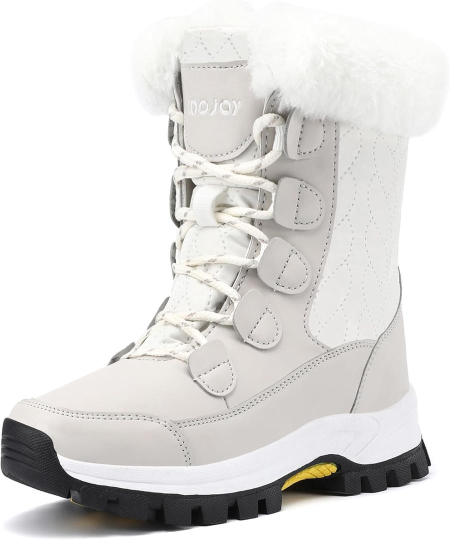 COOJOY Womens Waterproof Winter Snow Boots Warm Shoes Furry Mid Calf Lightweight Walking Hiking Booties (8, Beige White)
