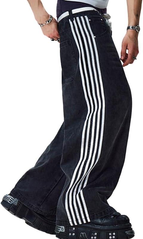 EMMIOL Baggy Jeans Men Wide Leg Oversized, Striped Denim Pants Y2K Skater Loose Fit Straight Leg Streetwear (X-Large, Black)