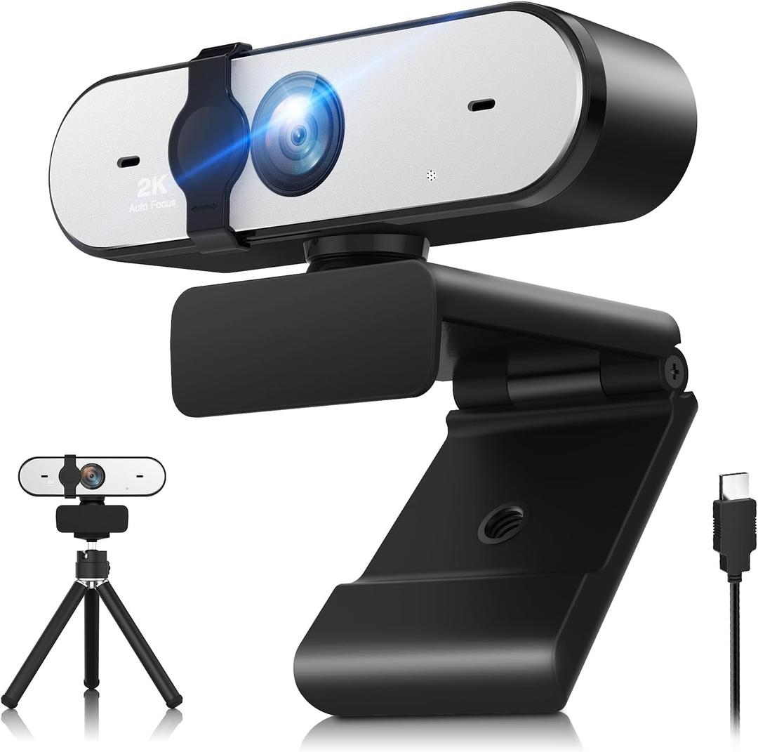 2K Webcam, Full HD Webcam for PC, Web Camera with Microphone, Tripod, Auto-Focus, Privacy Cover, USB, for Live Streaming & Video Conferencing