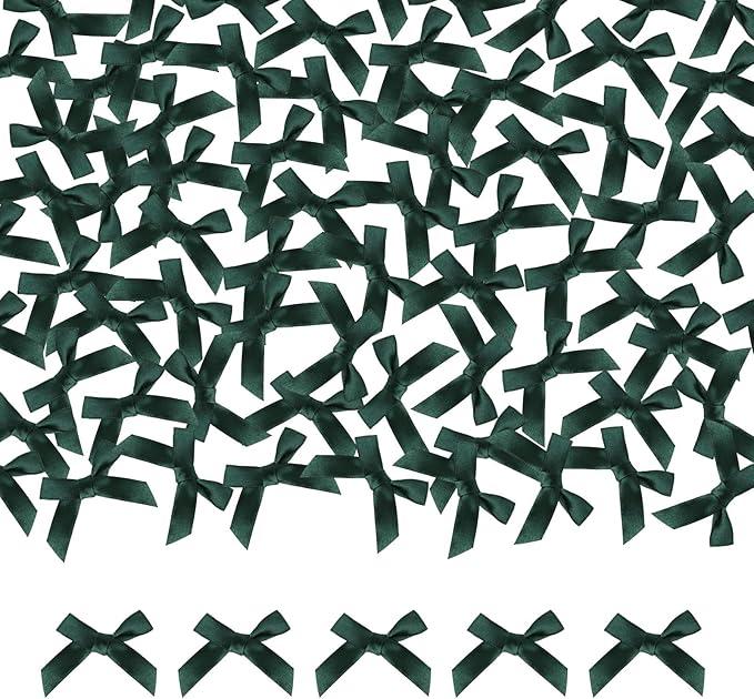 Dark Green Mini Bows 1.57” Small Satin Ribbon Bows for Cake Treats Premade Hair Bow for Crafts Gift Wrapping Balloons Party Decoration Sewing 100PCS