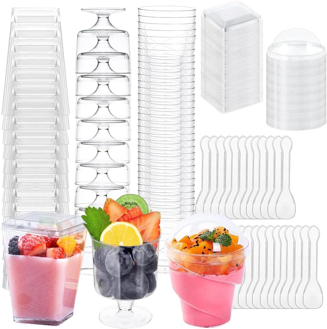 320Pack Dessert Cups with Spoons 5 oz Mini Plastic Dessert Cups for Party Yogurt Parfait Jello Fruit Appetizer Cocktail Small Clear Reusable Square and Round GobletShaped Dessert Bowls Shot Glasses
