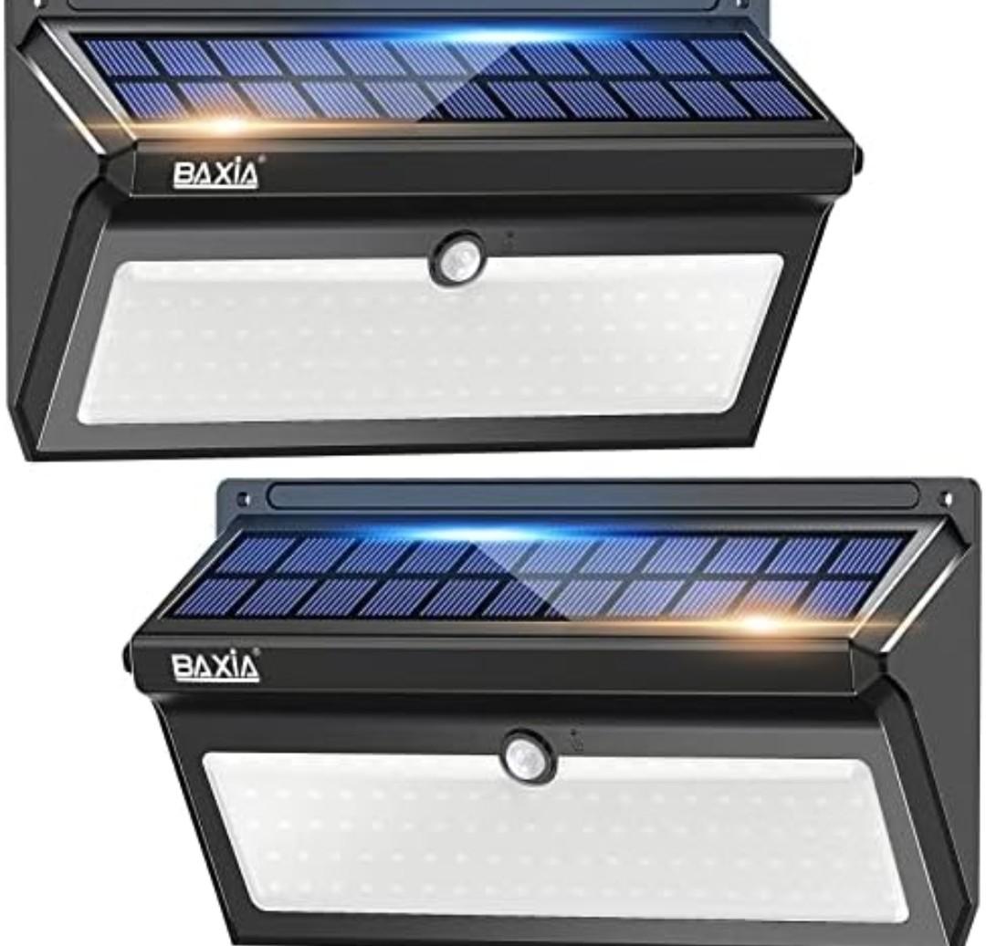 BAXIA TECHNOLOGY Solar Lights Outdoor Waterproof, 100 LED Solar Motion Sensor Lights with Wide Angle Super Bright Security Solar Wall Lights for Garden, Fence, Front Door, Yard, [2 Pack]