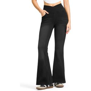 Rammus Flare Jeans for Women Crossover High Waisted Bell Bottom Jeans Trendy Yoga Pants Stretchy Flare Leggings with Pockets (Large, Black Claw Marks)
