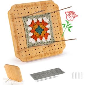 CraftyManor 7.6 in Blocking Boards for Crochet Projects with Rose Pattern, Crochet Blocking Board with Pegs, Granny Square Blocking Board with 20 Stainless Steel Pegs, Bamboo