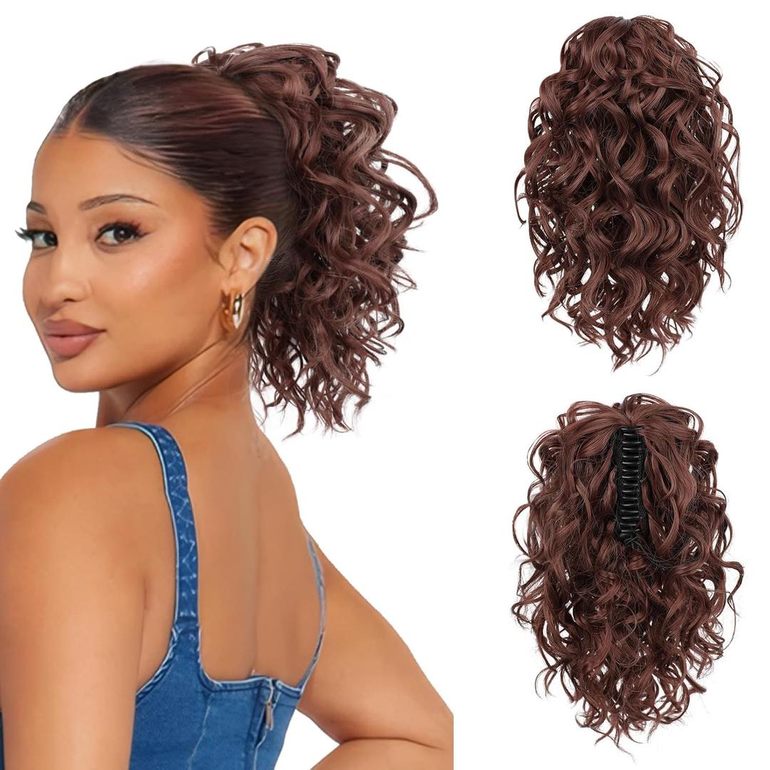 Flufymooz Ponytail Extension, 12" Short Claw Ponytail Extension Wavy Curly Jaw Clip in Pony tails Hair Extension Natural Synthetic Hairpiece for Women(Deep copper)