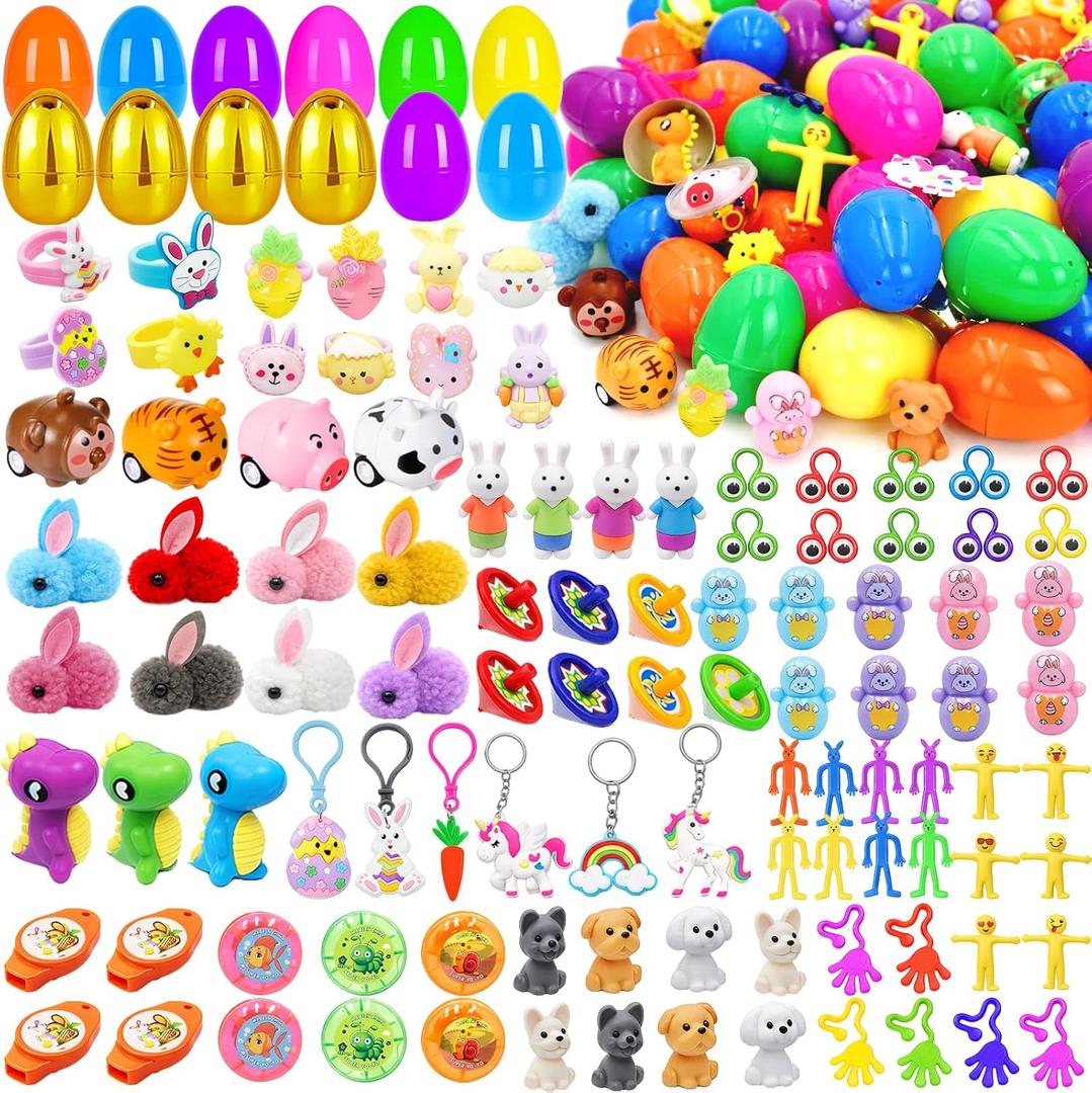 [ Surprise Golden Egg ] 100 PCS Prefilled Easter Eggs with Toys ,100 Plastic Easter Eggs Fillers with Assorted Toys Non Candy Prizes Easter Basket Stuffers for Kid Toddler Boys Girls Party Favors