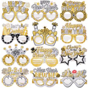 24 Pcs Happy New Year Paper Glasses 2026 Black Gold Silver Eyeglasses Photo Booth Props for 2026 New Years Eve Party Supplies Decorations