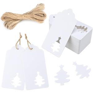 G2PLUS Christmas Tree Gift Tags with String - 100Pcs Hollow Christmas Tree Tags, 2x4in Blank White Paper Tag for Xmas Decor, Gift Wrapping, DIY Arts & Crafts, Holiday Party Favors