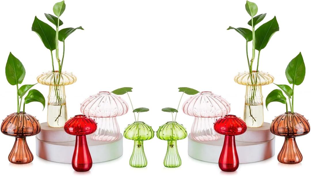 Mushroom Jars for Plants, Hewory 10pcs Colored Glass Mushroom Bud Vase for Flower, Unique Plant Propagation Stations Propagating Vases Decor, Mini Cute Hydroponic Terrarium Planter for Indoor Planters
