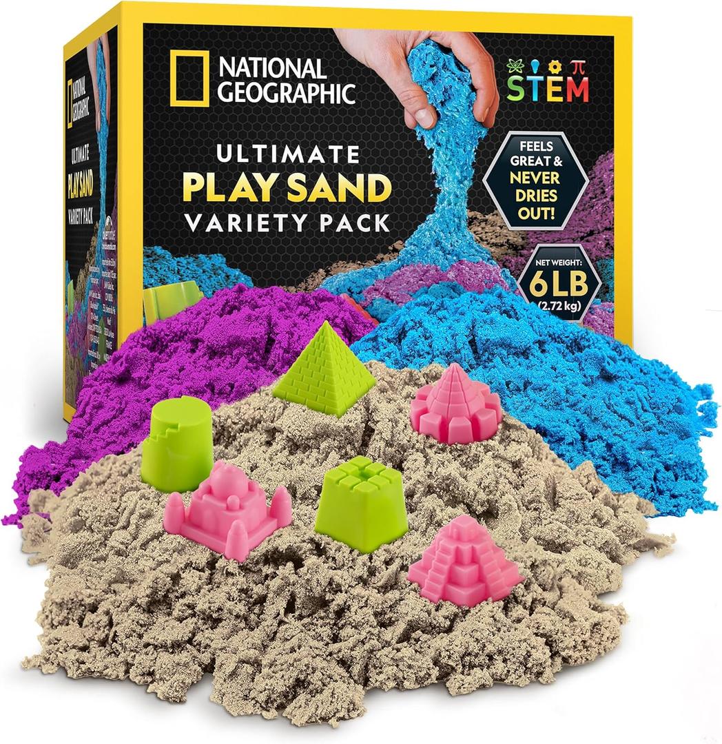 National Geographic 6 Lb. Moon Sand Combo Pack - 2 Lbs. Each of Blue, Purple and Natural Play Sand with Castle Molds - A Fun No Mess Sensory Activity