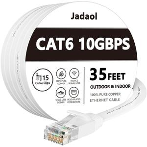 Jadaol Cat 6 Ethernet Cable 35 ft, 10Gbps Support Cat8 Cat7 Network, Flat RJ45 LAN Patch Cable, High-Speed Wired Internet Cable for Router, Modem, Switch, Gaming Consoles, PC, Streaming Devices, White