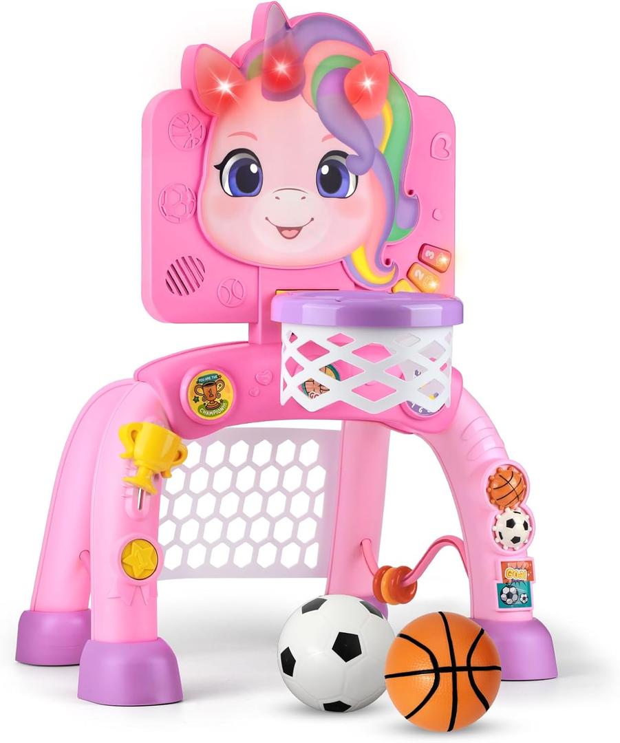 Liberry Toddler Basketball Hoop & Soccer Goal for 1 2 3 Year Old Girls Boys, Kids Sports Toy with Lights Sounds Music, Interactive Christmas Birthday Gift for Baby, Pink