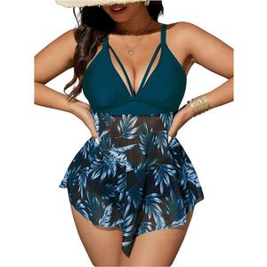 Women's Plus Size 2 Piece Bikini Set V Neck Floral Mesh Flowy Tankini High Cut Bathing Suits, Size 3XL