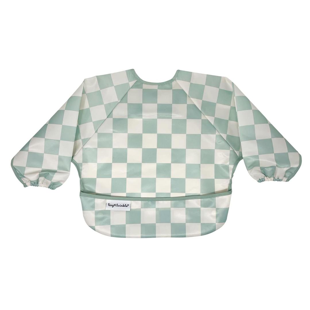 Tiny Twinkle Mess Proof Baby Bib,Waterproof Smock Baby Bib for Eating,Machine Washable Long Sleeve Bib,Baby Led Weaning,Toddler Bib,BLW Supplies(Checkers Sage, Small 6-24 Months)