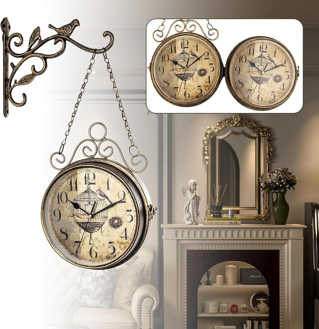 Double-Sided Wall Clock 8 Inch Vintage, Silent Non-Ticking Quartz Movement, Two Sided Retro Iron Antique Clock for Office, Cafe, Library, Bedroom, Living Room, Train Station Decor