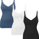 EUYZOU Womens Tummy Control Shapewear Tank Tops Seamless V-Neck Compression Tank Tops Body Shaper Camisole (Medium, Black/White/Blue 3pk)