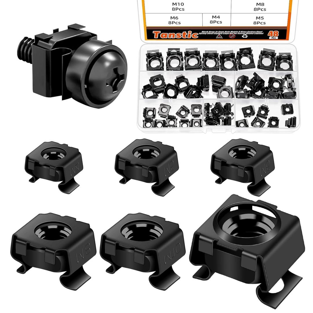 Tanstic 48Pcs Cage Nuts Snap-in Cage Nuts Rack Mount Cage Nuts Rack Mount Clip Nuts for Server Shelf Cabinets Rack Mount(M4 5 6 8 10 12)