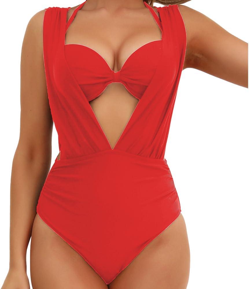 Women's High Waisted Bikini Sets Tummy Control Two Piece Swimsuits Push Up Swimwear Ruched Halter String Bathing Suit (X-Large, Red)