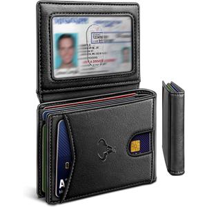 BULLIANT Men Wallet, Slim Leather Wallet Front Pocket Card Holder Gift For Men 11 Slots RFID Blocking (Black4766)
