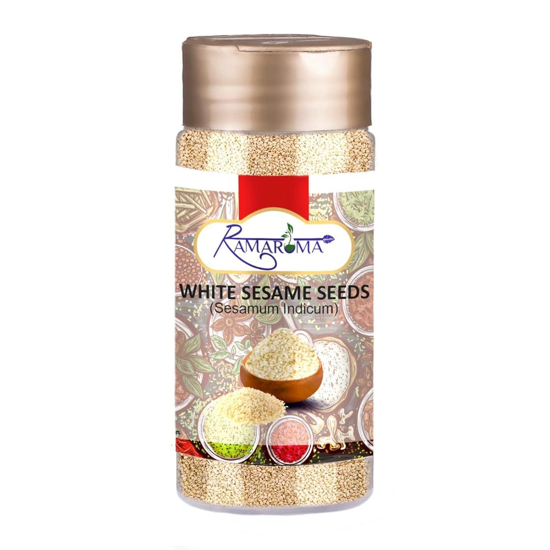 Ramaroma, Organic Hulled Sesame Seeds (100g/3.5oz) Non-GMO, Vegan | Rich & Pure Whole Raw White Sesame Seeds | Perfect for Noodle Dishes, Sushi, Stir-Fries and Coating for Meat and Fish | Medium Jar