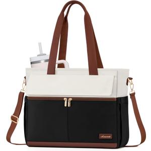 LOVEVOOK Laptop Bag for Women 15.6 Inch Canvas Laptop Large Capacity Work Bags Mutiple Pockets Teacher Bag Water Resistant Computer Bags for Business Travel Nurse, Black Brown