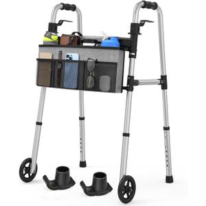 FSA/HSA Eligible Folding Walker with Large Basket and 2 Glide Skis, 5" Wheels Lightweight Walkers for Seniors and Adults, Supports Up to 350 Pounds, Adjustable Height, Compact Standard Walker (Walker With Basket)