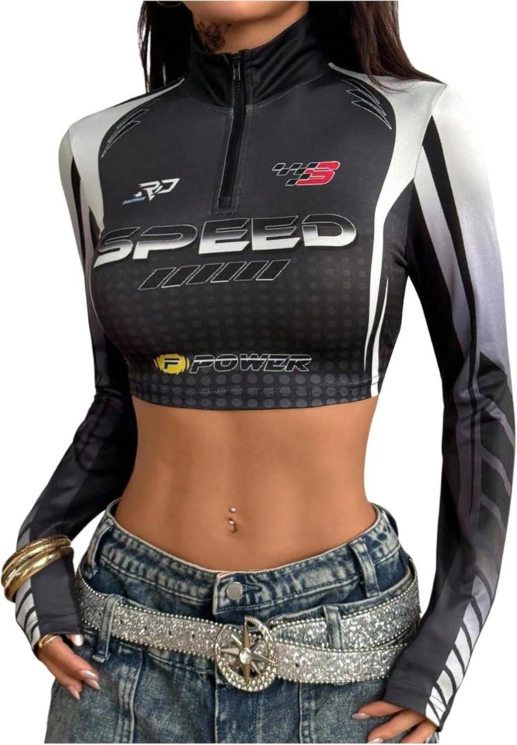 SweatyRocks Women's Racing Shirts Y2k Long Sleeve Half Zip Letter Graphic Crop Tops Black and Grey Large