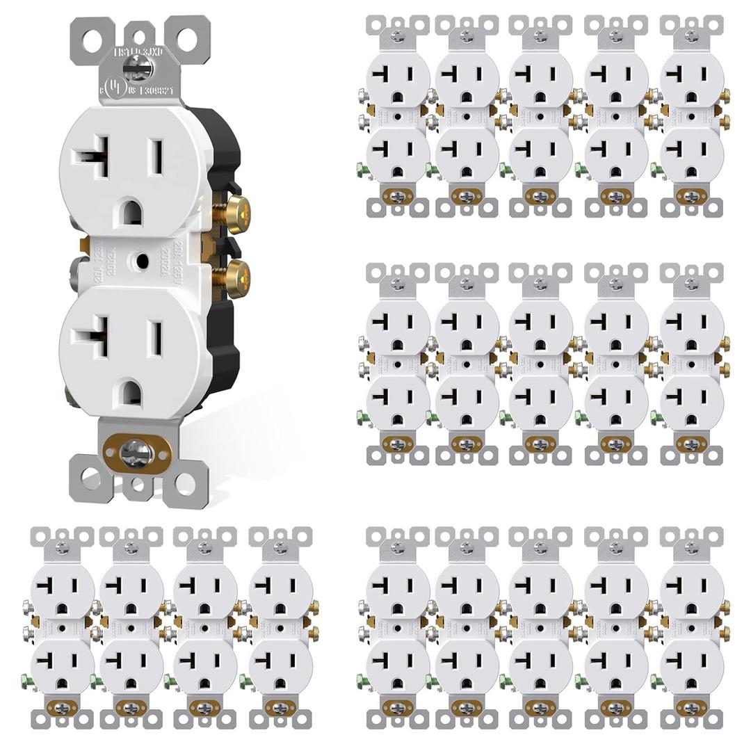 AIDA 20 Amps Outlets Duplex Electrical Receptacle Outlets, Electrical Outlet, 20Amp 125V Heavy-Duty Wall Outlet, Residential, 3-Wire, Self-Grounding, UL Listed, Side Wire (20 Pack, White)
