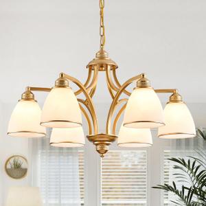 6-Light Modern Gold Chandelier with Frosted Glass Lampshade Height Adjustable Max 47" Hanging Ceilling Light for Dining Room Entryway Hallway Kitchen Foyer