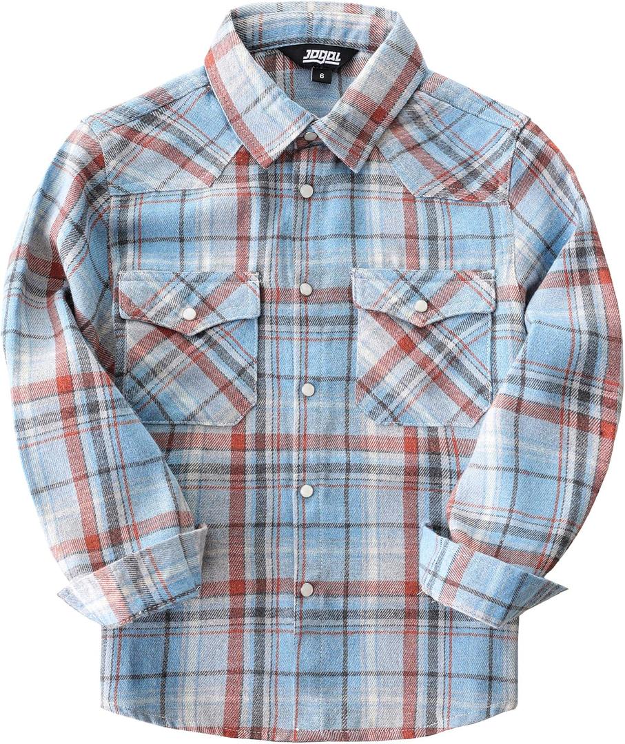 JOGAL Boys Western Shirt Long Sleeve Pearl Snap Plaid Shirts Lightweight Flannel Shirts for Kids 14 Years