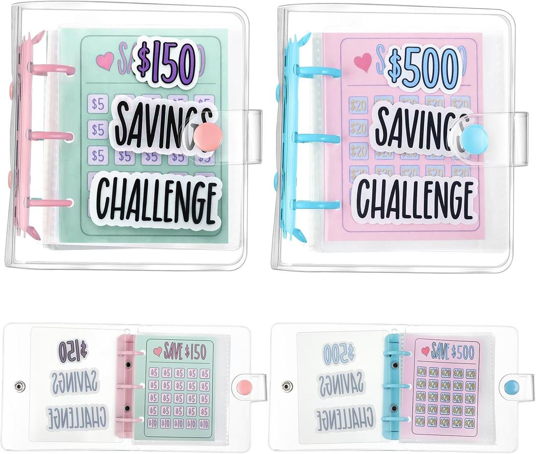 2 Pcs Mini Money Savings Binder Saving Challenge Binder Money Book Saver with Cash Envelopes Reusable Budget Book (500 Dollar,150 Dollar,Pink Blue)