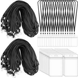 400 Pack Neck Lanyard Bulk with ID Card Holder Lanyards for ID Badges Vertical Name Badge ID Card Holders Flat Neck Lanyards with Clip for Nurses Teacher Students, Black
