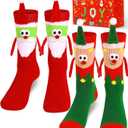 U-Goforst Funny Christmas Socks Magnetic Hand Holding Socks Novelty Crazy Socks White Elephant Gifts for Women Men Couples (One Size, Santa Elf-red_green)