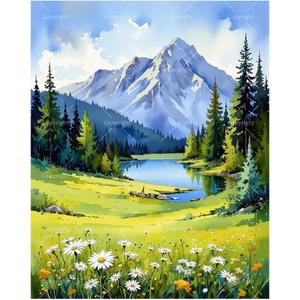 Nature Landscape Paint by Numbers Kit for Adults - DIY Daisy Meadow and Mountain Lake Painting on Canvas 16x20 Inches, Acrylic Paint Set, Suitable for Beginners, Art for Home Decoration or Gifts
