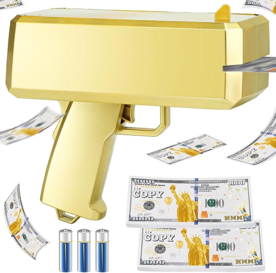 Gold Money Gun Shooter and 201 PCS Props (No Real Function) 3 AA Batteries, Money Gun That Shoot Money, Make It Rain Money Thrower Gun Handheld Fake Gun Toy Party Supplies