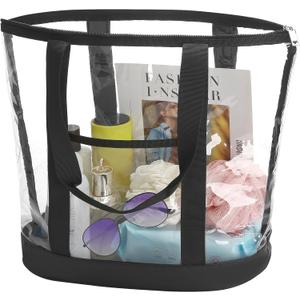HAOGUAGUA Extra Large Clear Cosmetic Toiletry Makeup Travel Bag, Waterproof Transparent Plastic PVC Tote Shoulder Bag with Handles (BLACK)