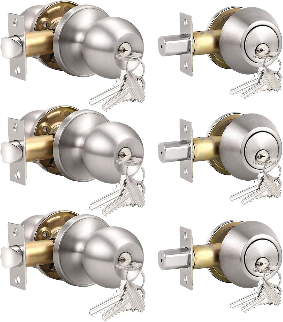 Knobonly 3 Set Keyed Same Entry Door Knob with Single Cylinder Deadbolt, One Keyway Door Lock Set in Satin Nickel Finish, Indoor/Outdoor Security Door Handles