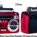 Set of 2 Hand Blown Glass Boombox Music Ornaments for Christmas Tree Decorations, Cute Nostalgic 80s Boom Box Radio Cassette Player Blown Glass Christmas Ornaments