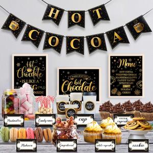 49 Pcs Hot Chocolate Bar Decoration Kit Hot Chocolate Bar Table Signs, Folding Labels, Large Black Gold Coffee Cup Tags Stickers,Cocoa Banner, Party Supplies for Christmas, New Year, Chocolate Party