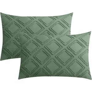 JELLYMONI Pillowcases Standard Size Green 2 Pack Boho Plaid Bed Pillow Covers 20x26in Polyester Envelope Pillow Shams Tufted Bohemian Textured (Pillows are not Included)