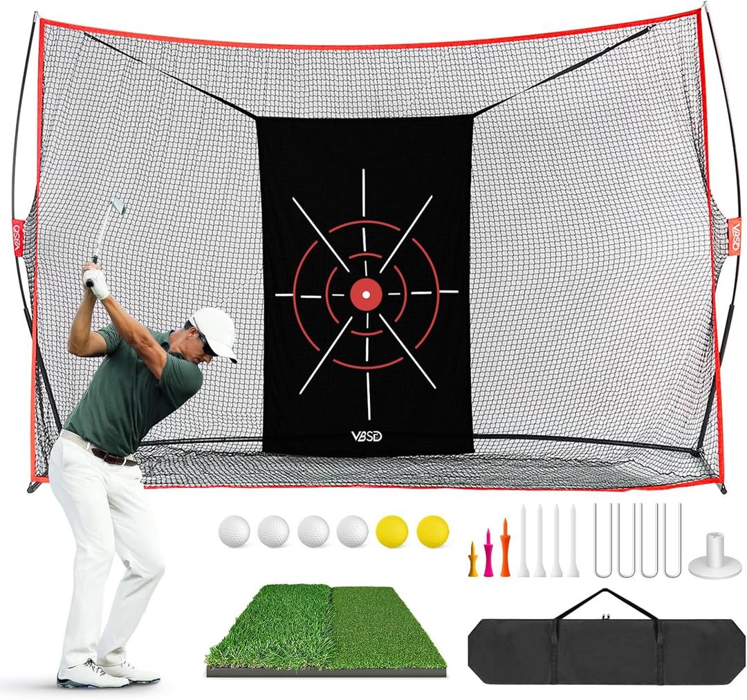 Golf Net, 10x7ft Golf Practice Net and Mat, Target Cloth, 7 Golf Tees, 6 Golf Balls, Golf Hiting Nets for Backyard Driving Indoor Outdoor Use, Golf Gifts for Men Dad Golfer