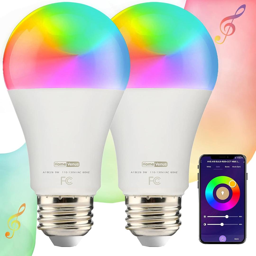 Homevenus HVS Smart Light Bulbs, 9W Equivalent 60W A19 E26 RGBW Color Changing LED Light Bulbs, Music Sync App 2.4GHz WiFi Dimmable Tunable White Work with Alexa Google Assistant, 2 Pack (2 Count (Pack of 1))