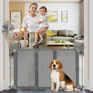 GRENFU 28" Tall No Drill Dog Gate for Stairs, Dual-Opening Sliding Pet Gate, Fits 32-55" Wide Expandable Dog Gates Indoor No Bottom Bar Baby Gate No Drill & Adjustable Width & Angle Mesh Gate, Gray