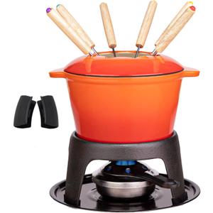 Mabeeze Cast Iron Fondue Set for Cheese, Chocolate or Meat - Includes Enameled 1.6 Qt Pot, 6 Fondue Forks, Burner, Stand, Base and Mitts