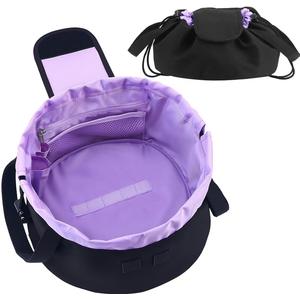 Lay Flat Drawstring Makeup Bag,Travel Cosmetic Organizer for Women,Large Capacity Toiletry Bag,Portable Open-Flat Design for Skincare and Makeup Brushes (Purple)