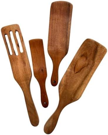 SHAFA IMPEX Spurtle Wooden Kitchen Utensil Set, Acacia Spurtle Kitchen Sets Non-Stick Wooden Cooking Utensils Wooden Spatula Slotted Spurtle Spatula Sets For Stirring (4-Piece)