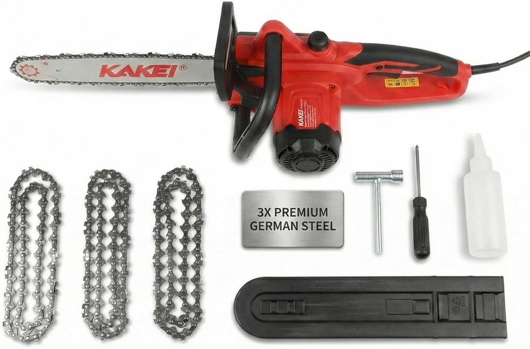 KAKEI 16-Inch 15-Amp Electric Chainsaw, 2200W Peak Power Corded Chain Saw with 3 German Steel Chains for Heavy Duty Wood Cutting